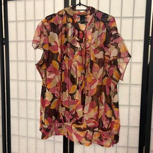 sheer layered flutter sleeve pink and brown floral blouse with high neck tie